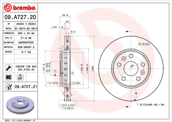 Brembo 09.A727.20 - Тормозной диск autodnr.net