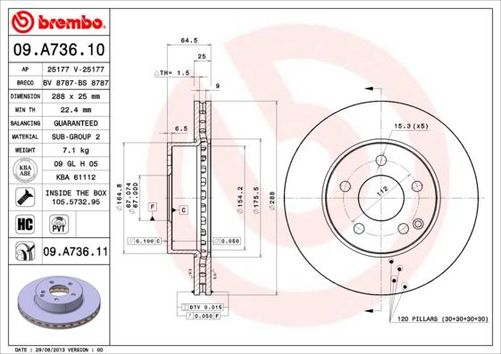 Brembo 09.A736.10 - Гальмівний диск autocars.com.ua