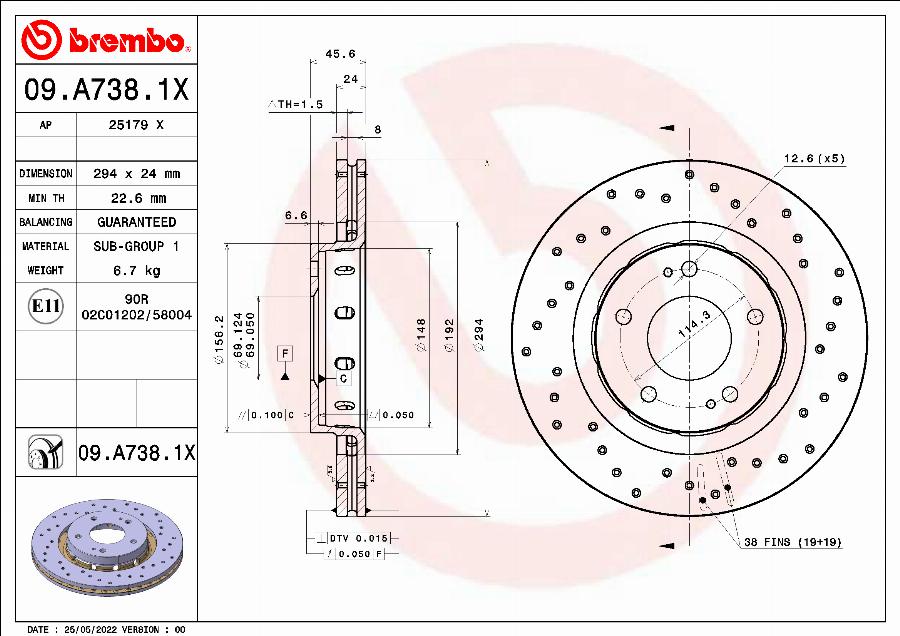 Brembo 09.A738.1X - Тормозной диск autodnr.net