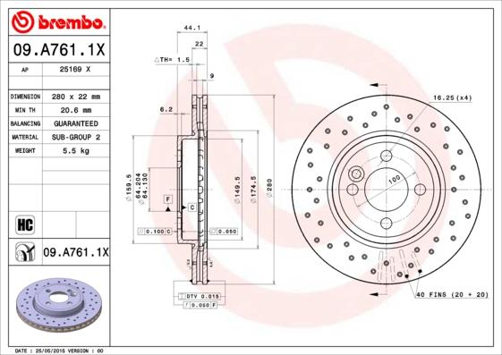 Brembo 09.A761.1X - Тормозной диск avtokuzovplus.com.ua