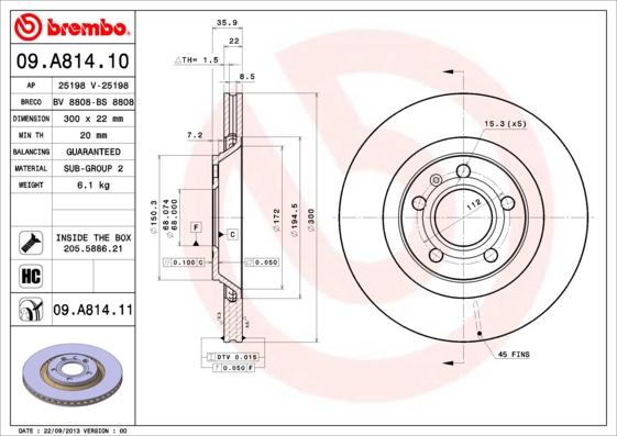 Brembo 09.A814.11 - Гальмівний диск autocars.com.ua