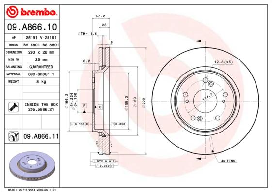 Brembo 09.A866.10 - Тормозной диск avtokuzovplus.com.ua
