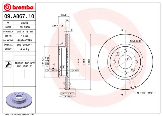 Brembo 09.A867.10 - Гальмівний диск autocars.com.ua