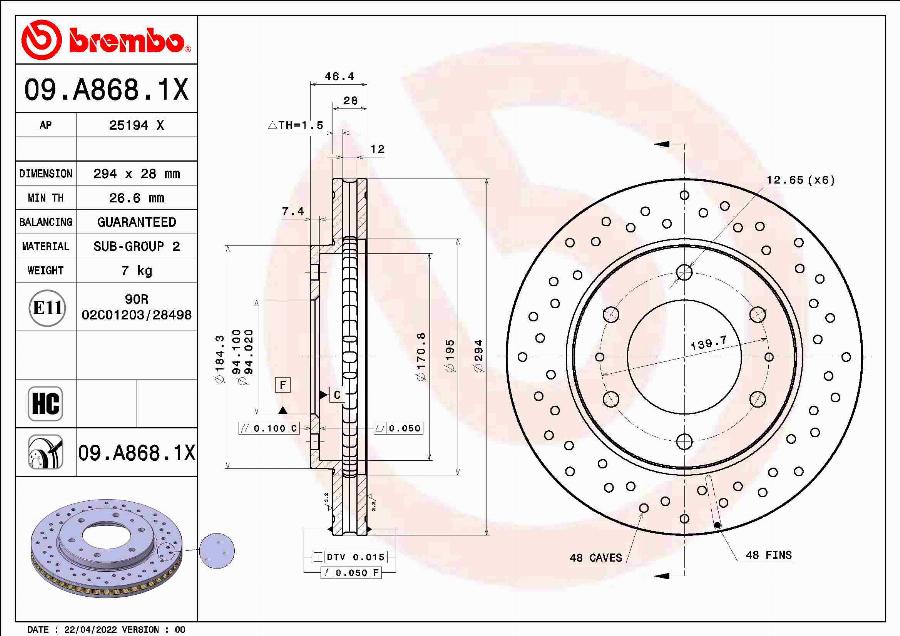 Brembo 09.A868.1X - Тормозной диск avtokuzovplus.com.ua