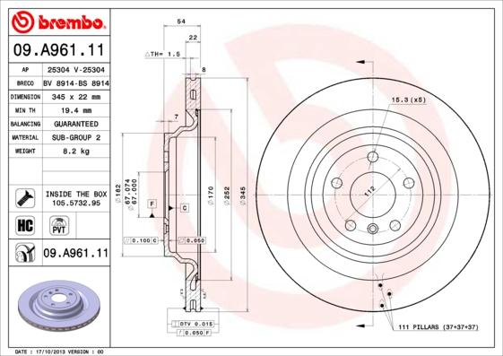 Brembo 09.A961.11 - Тормозной диск avtokuzovplus.com.ua