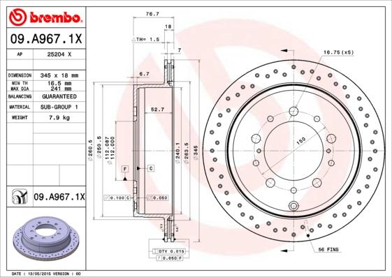 Brembo 09.A967.1X - Тормозной диск autodnr.net