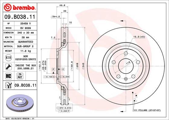 Brembo 09.B038.11 - Тормозной диск avtokuzovplus.com.ua