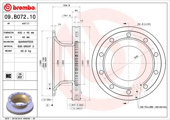 Brembo 09.B072.10 - Гальмівний диск autocars.com.ua