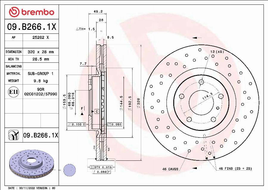 Brembo 09.B266.1X - Гальмівний диск autocars.com.ua