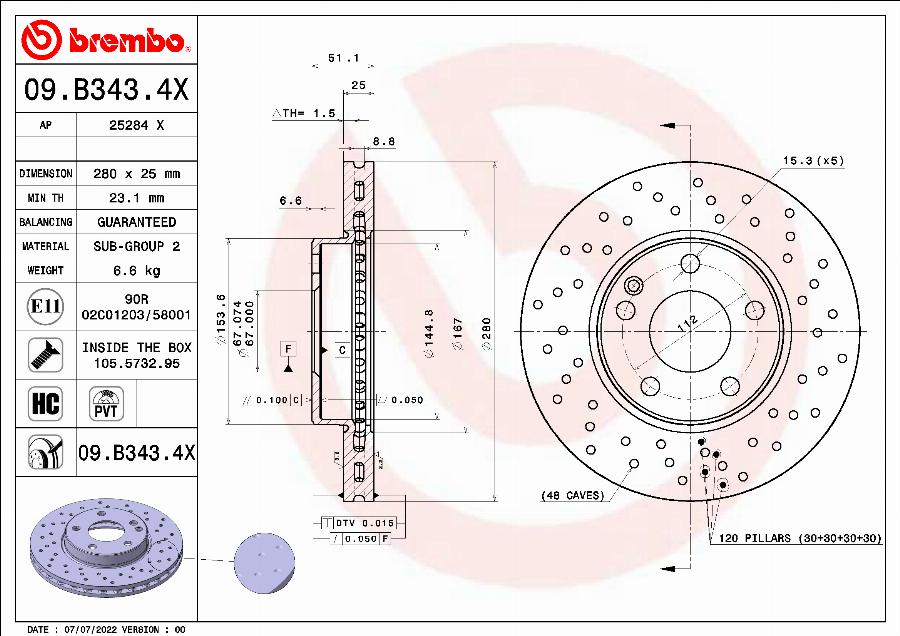 Brembo 09.B343.4X - Гальмівний диск autocars.com.ua