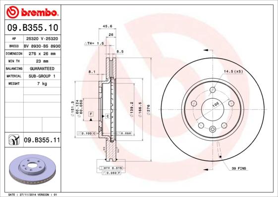 Brembo 09.B355.10 - Тормозной диск autodnr.net