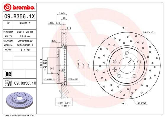 Brembo 09.B356.1X - Гальмівний диск autocars.com.ua