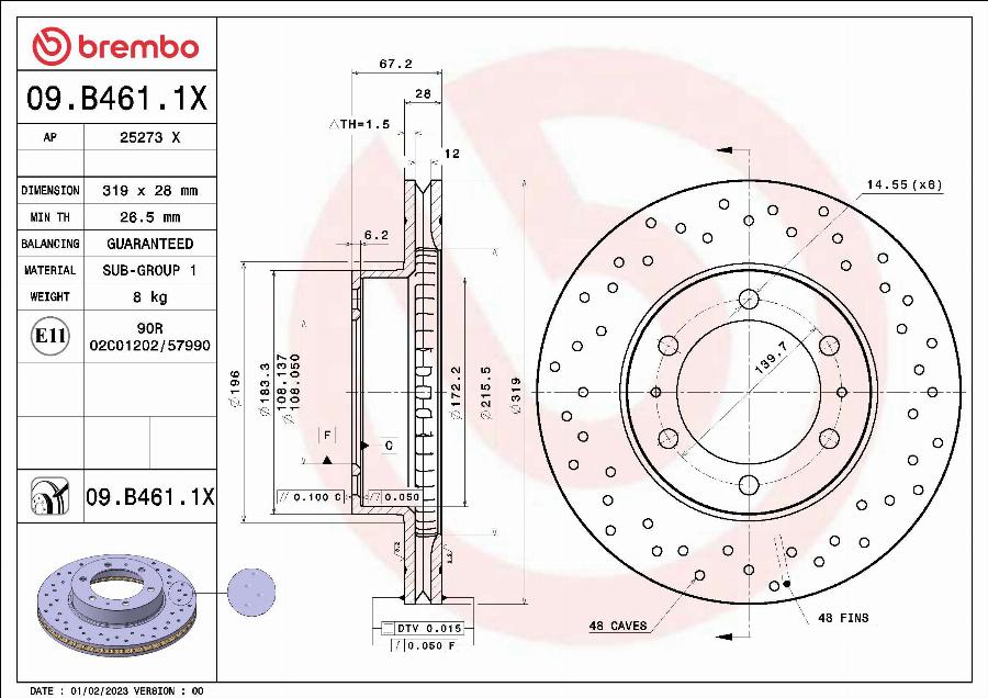 Brembo 09.B461.1X - Гальмівний диск autocars.com.ua