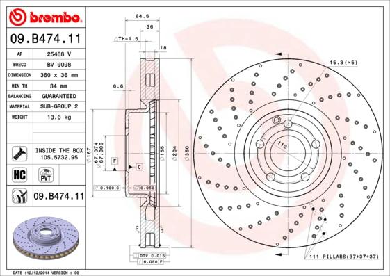 Brembo 09.B474.11 - Тормозной диск autodnr.net