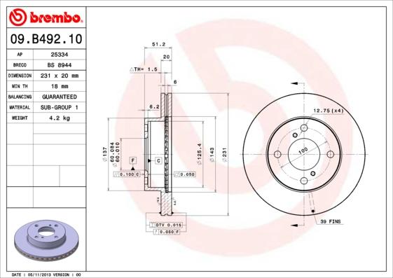 Brembo 09.B492.10 - Тормозной диск avtokuzovplus.com.ua