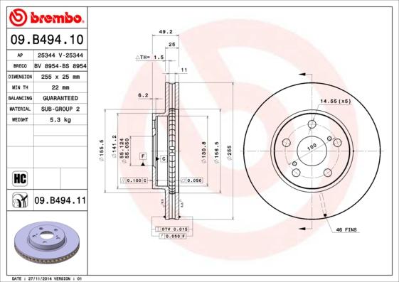 Brembo 09.B494.11 - Гальмівний диск autocars.com.ua