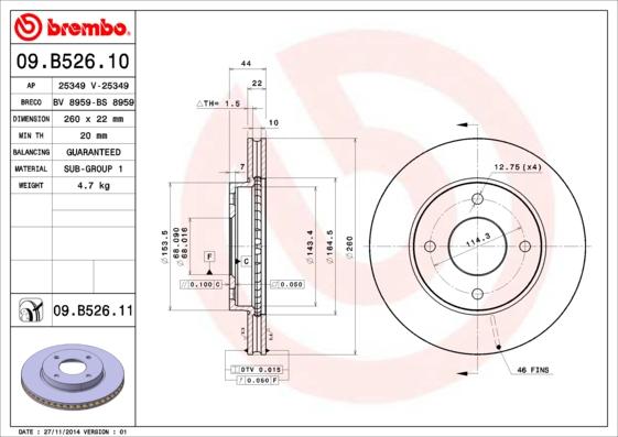 Brembo 09.B526.11 - Диск тормозной передн. с УФ покрытием NISSAN DFAC TIIDA Hatchback C11 07-05-> - NISSAN DFAC TI autodnr.net