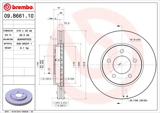 Brembo 09.B661.10 - Гальмівний диск autocars.com.ua