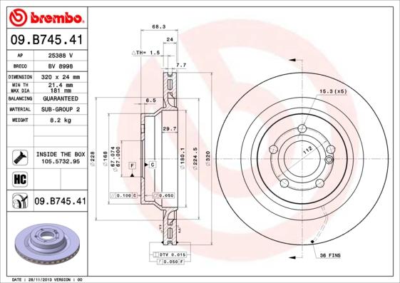 Brembo 09.B745.41 - Гальмівний диск autocars.com.ua