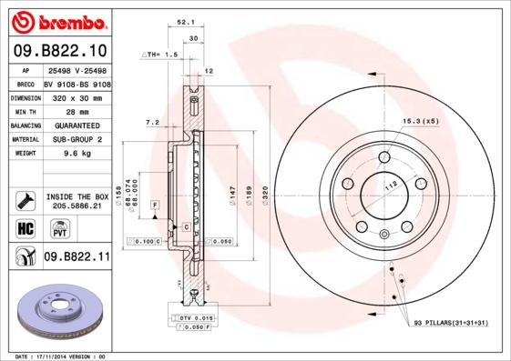 Brembo 09.B822.10 - Тормозной диск avtokuzovplus.com.ua