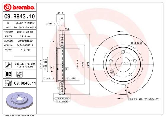 Brembo 09.B843.11 - Тормозной диск avtokuzovplus.com.ua