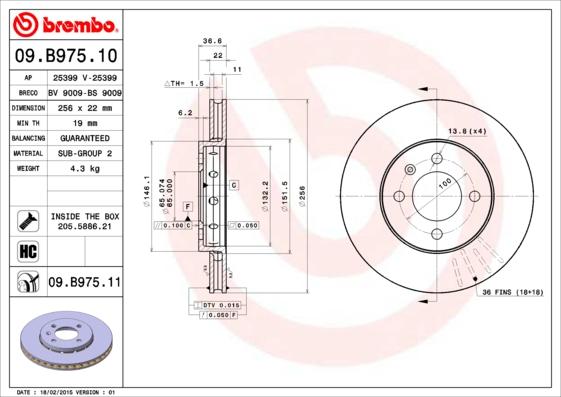 Brembo 09.B975.10 - Тормозной диск avtokuzovplus.com.ua