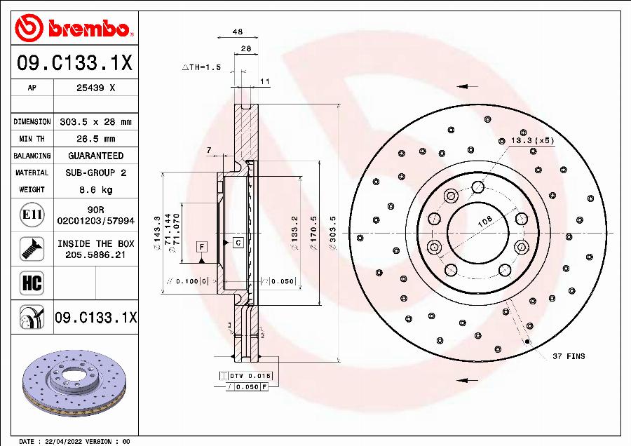 Brembo 09.C133.1X - Гальмівний диск autocars.com.ua