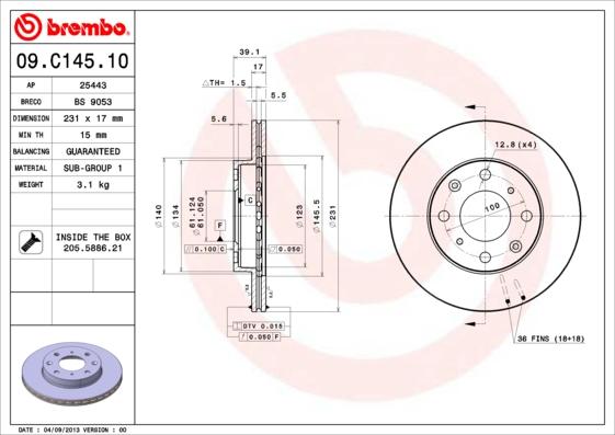 Brembo 09.C145.10 - Тормозной диск avtokuzovplus.com.ua