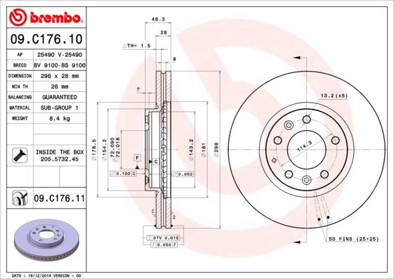 Brembo 09.C176.11 - Гальмівний диск autocars.com.ua