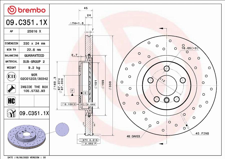 Brembo 09.C351.1X - Гальмівний диск autocars.com.ua