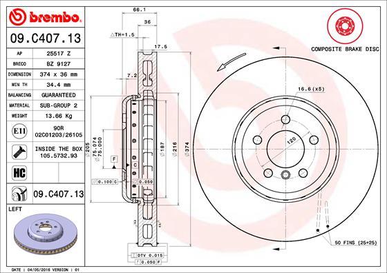 Brembo 09.C407.13 - Гальмівний диск autocars.com.ua