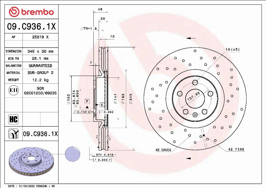 Brembo 09.C936.1X - Тормозной диск avtokuzovplus.com.ua