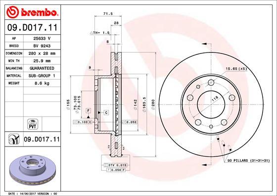 Brembo 09.D017.11 - Гальмівний диск autocars.com.ua