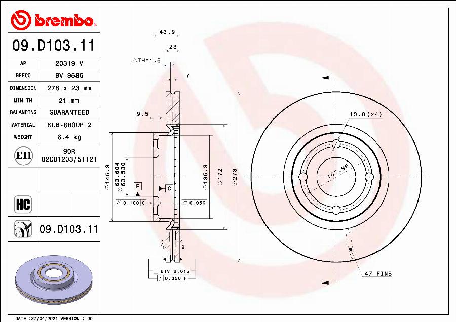 Brembo 09.D103.11 - Гальмівний диск autocars.com.ua