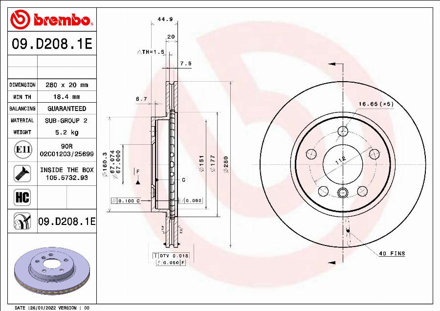 Brembo 09.D208.1E - Гальмівний диск autocars.com.ua