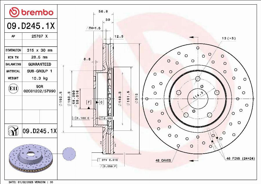 Brembo 09.D245.1X - Тормозной диск avtokuzovplus.com.ua