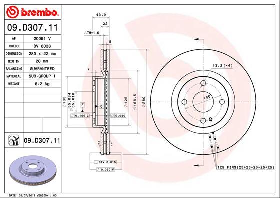 Brembo 09.D307.11 - Гальмівний диск autocars.com.ua