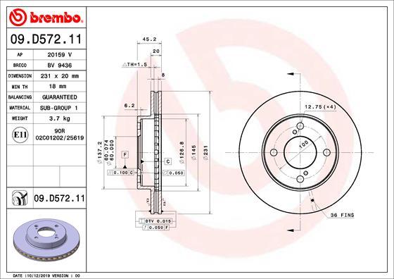 Brembo 09.D572.11 - Гальмівний диск autocars.com.ua