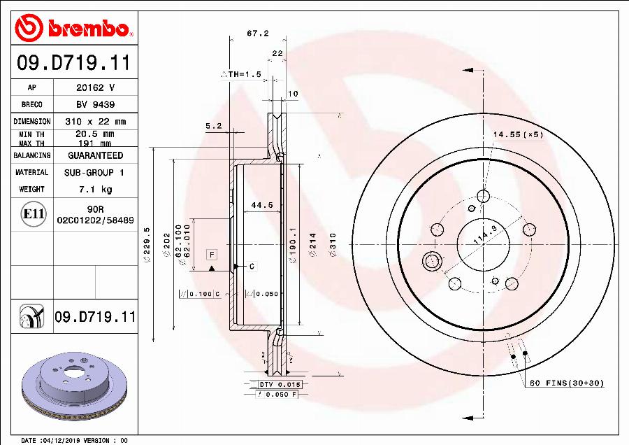 Brembo 09.D719.11 - Гальмівний диск autocars.com.ua