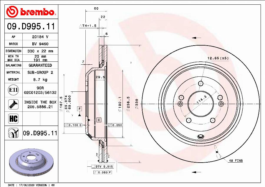 Brembo 09.D995.11 - Гальмівний диск autocars.com.ua