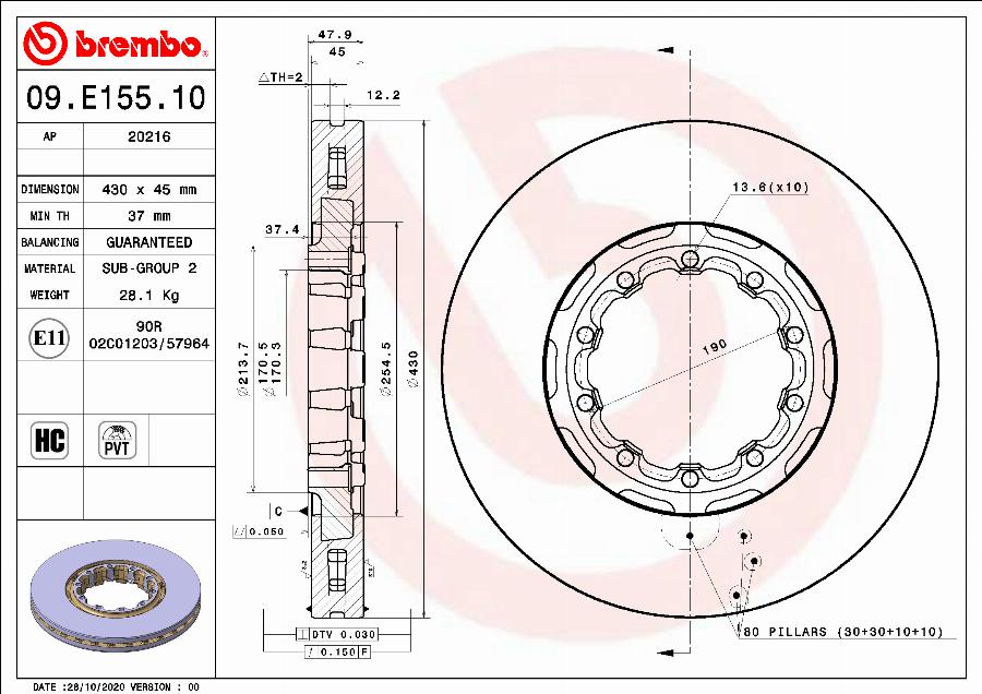 Brembo 09.E155.10 - Гальмівний диск autocars.com.ua