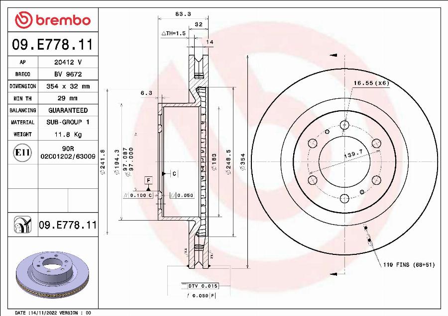 Brembo 09.E778.11 - Гальмівний диск autocars.com.ua