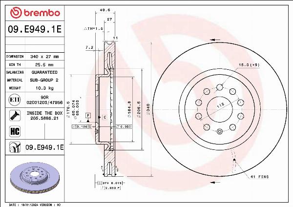 Brembo 09.E949.1E - Гальмівний диск autocars.com.ua