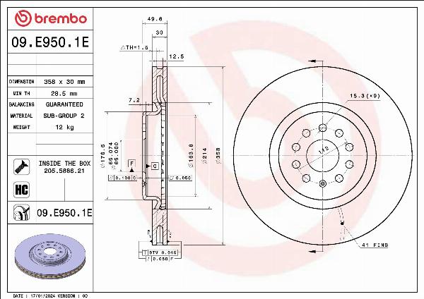 Brembo 09.E950.1E - Гальмівний диск autocars.com.ua