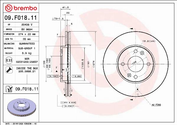 Brembo 09.F018.11 - Гальмівний диск autocars.com.ua