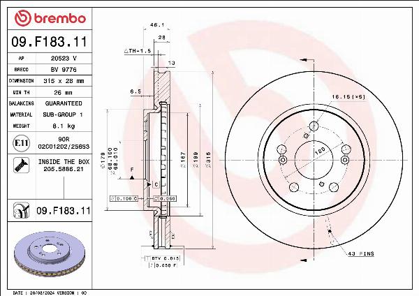 Brembo 09.F183.11 - Гальмівний диск autocars.com.ua