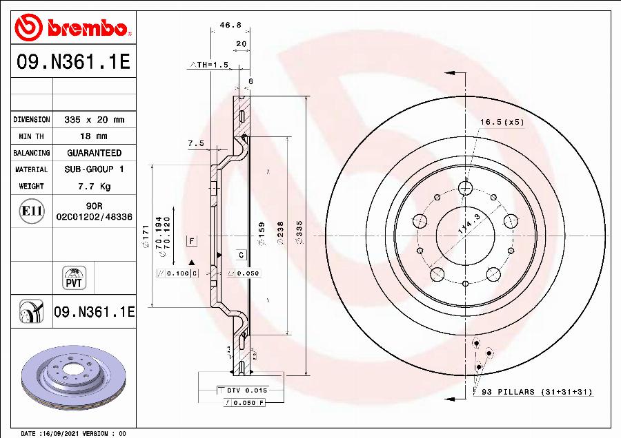 Brembo 09.N361.1E - Гальмівний диск autocars.com.ua