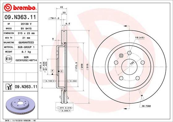 Brembo 09.N363.11 - Гальмівний диск autocars.com.ua