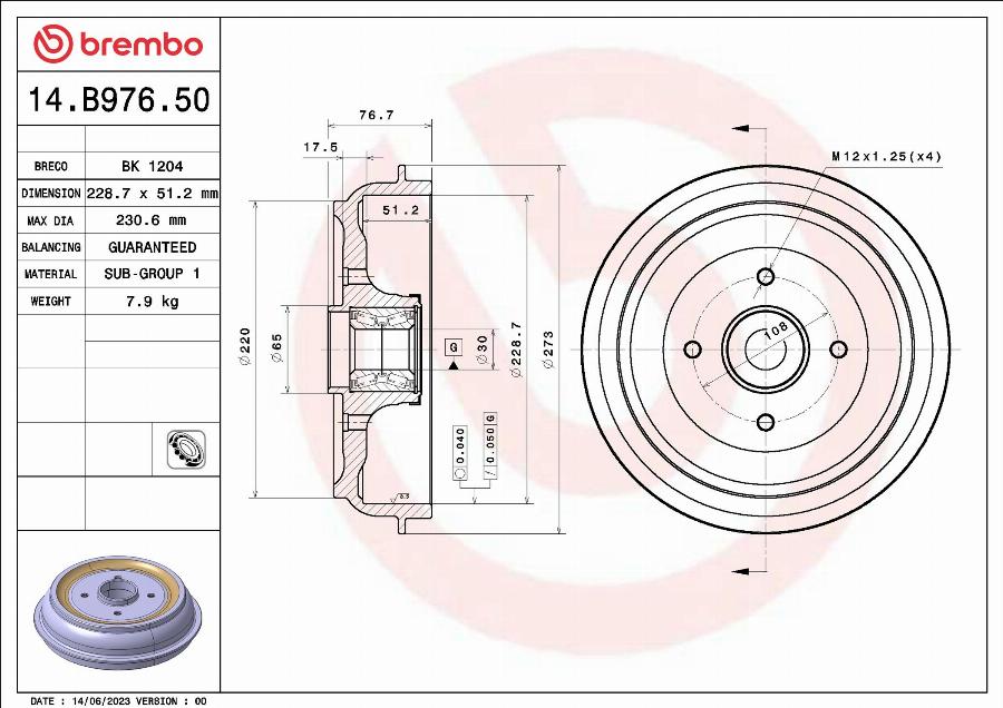 Brembo 14.B976.50 - Тормозной барабан avtokuzovplus.com.ua