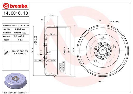 Brembo 14.C016.10 - Гальмівний барабан autocars.com.ua